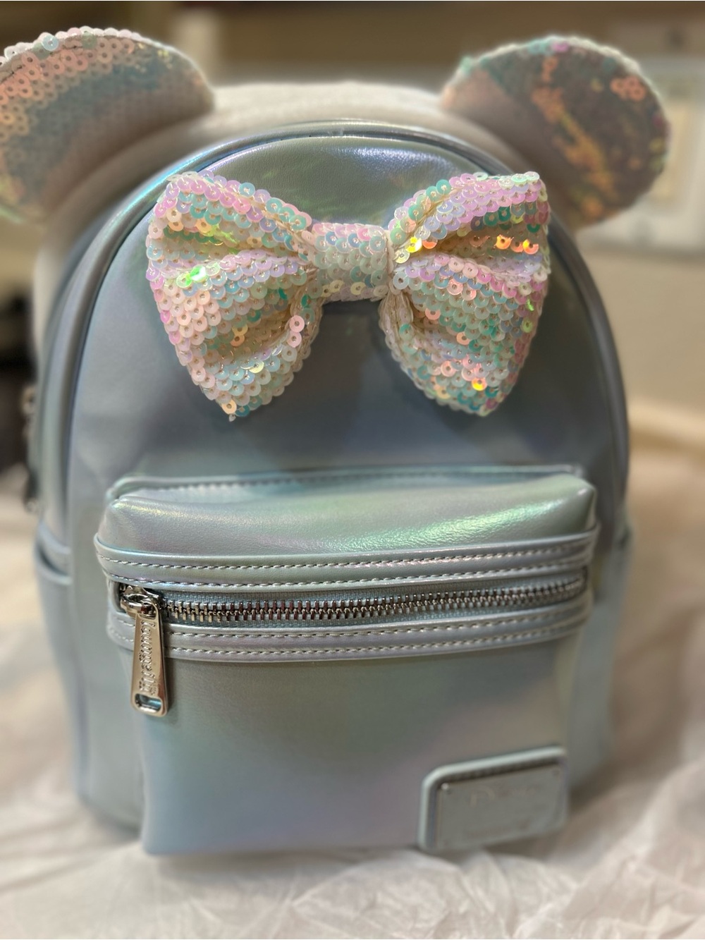 Loungefly Disney Minnie Mouse Light Blue Iridescent Sequin Ears Mini Backpack